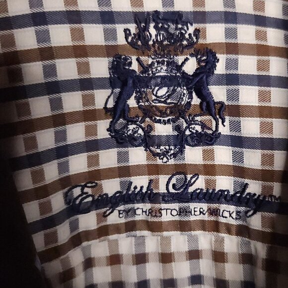 English Laundry Brown Blue White Check Contrasting Cuff Shirt 17 1/2 -34/35 - Picture 5 of 7